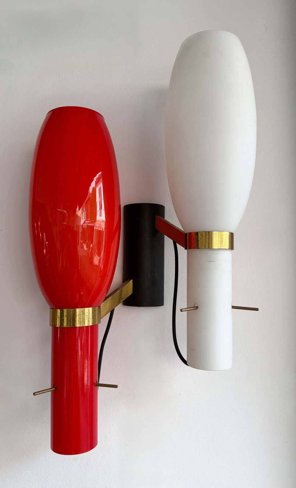 Pair Of Sconces Brass And Glass By Stilnovo. Italy, 1950s photo vintage