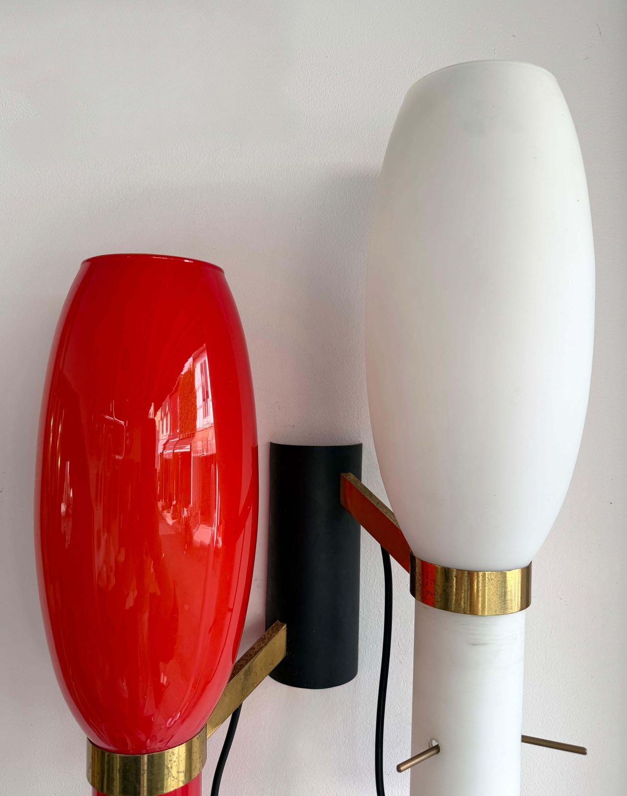 Lighting Pair Of Sconces Brass And Glass By Stilnovo. Italy, 1950s photo