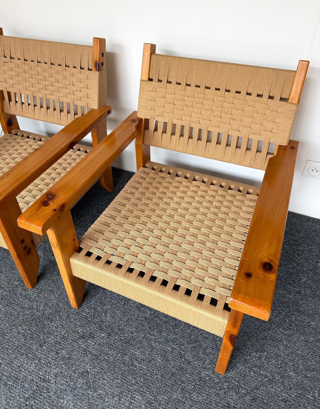 photo furniture Mid Century Modern Pair Of Wood And Rope Armchairs, Italy, 1970s