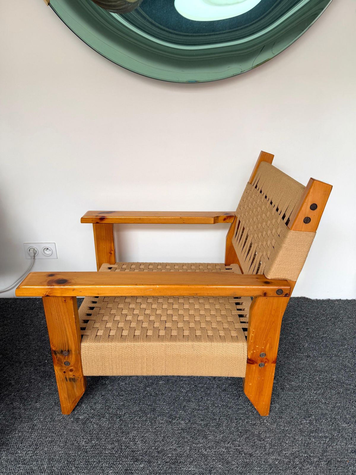Furniture Mid Century Modern Pair Of Wood And Rope Armchairs, Italy, 1970s photo