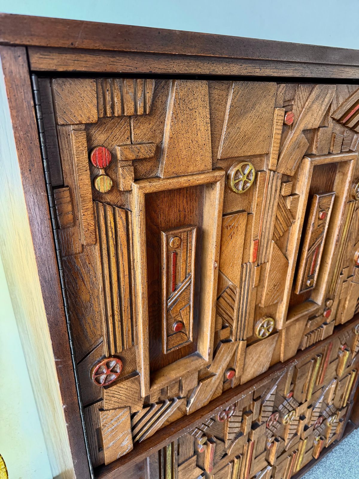 11317.0 Mid Century Modern Brutalist Wood Sculpture Cabinet By Lane. USA, 1970s photo