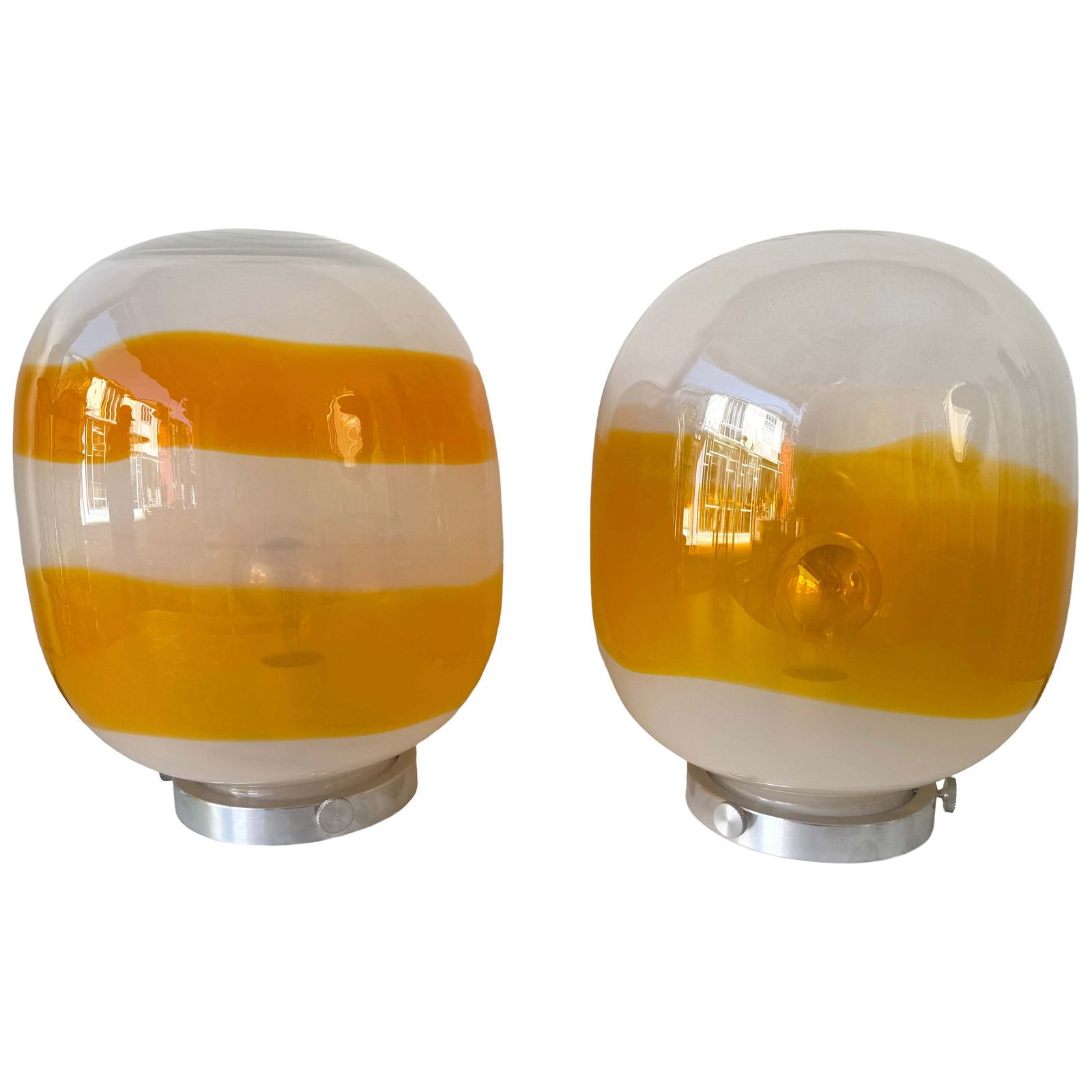 Pair Of Murano Glass Orange White Smoke Saturn Lamps. Italy, 1970s