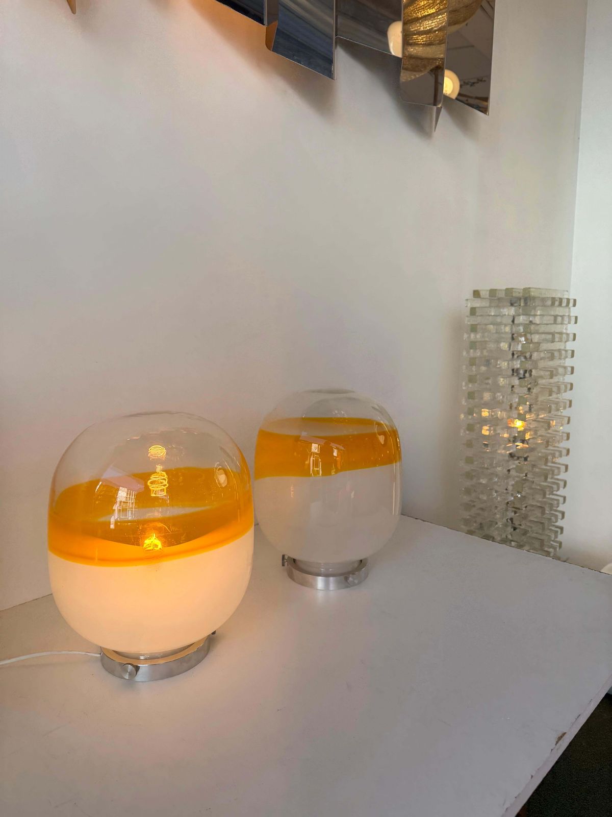 Pair Of Murano Glass Orange White Smoke Saturn Lamps. Italy, 1970s photo for sale