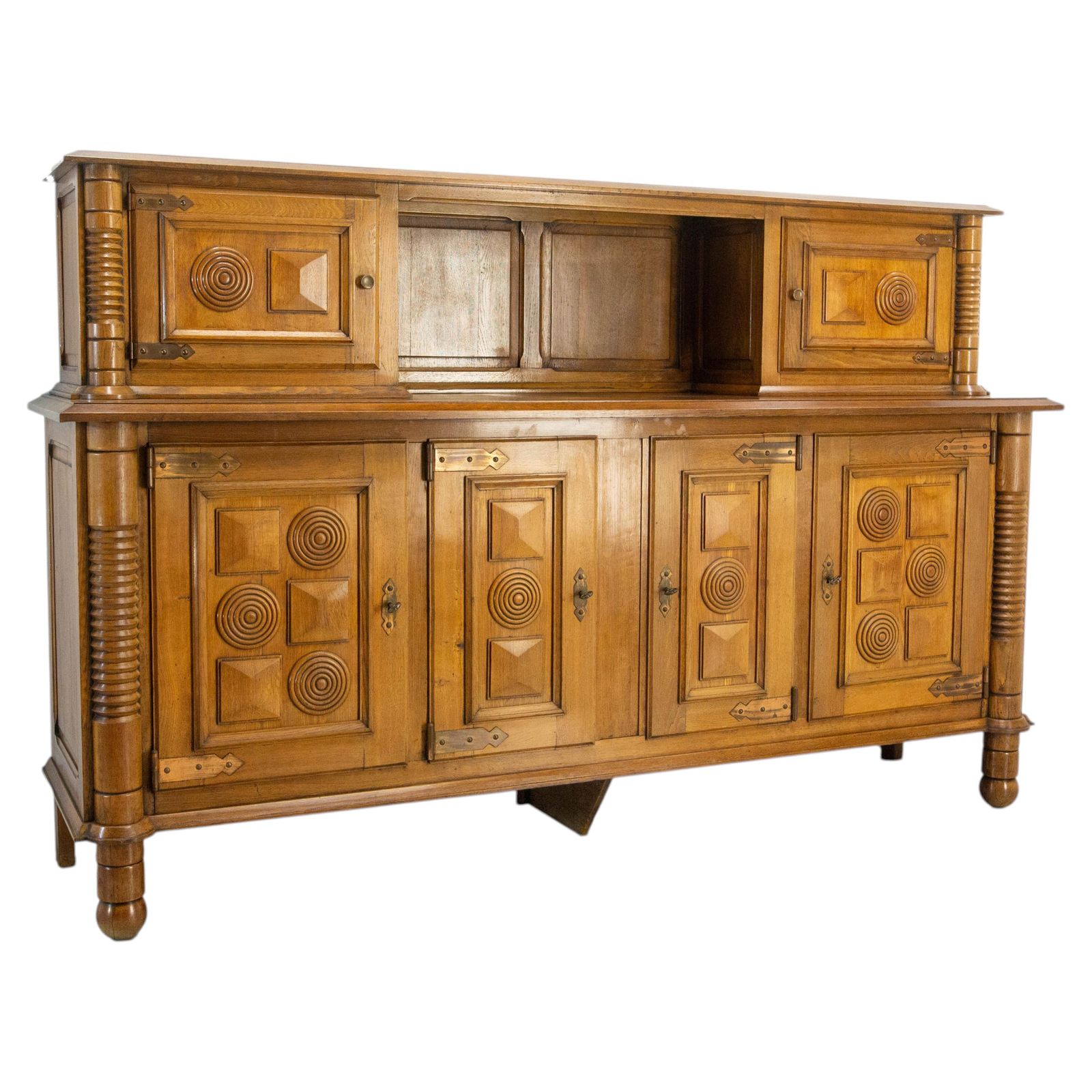 French Dudouyt Deux Corps Buffet Oak & Copper Cabinet, Mid 19th Century