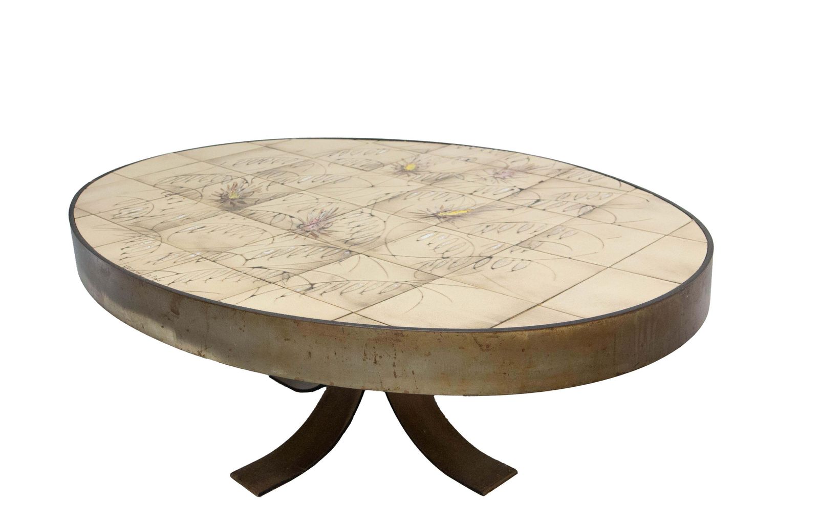 French Oval Coffee Table Vallauris Signed La Roue Ceramic & Steel Circa 1960 photo for sale