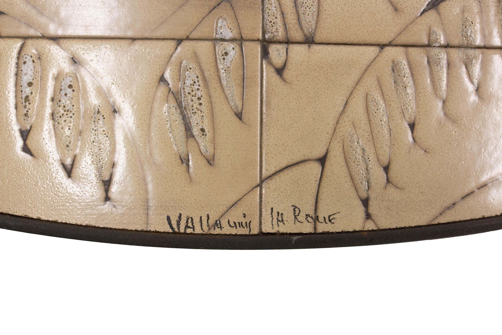 photo furniture French Oval Coffee Table Vallauris Signed La Roue Ceramic & Steel Circa 1960