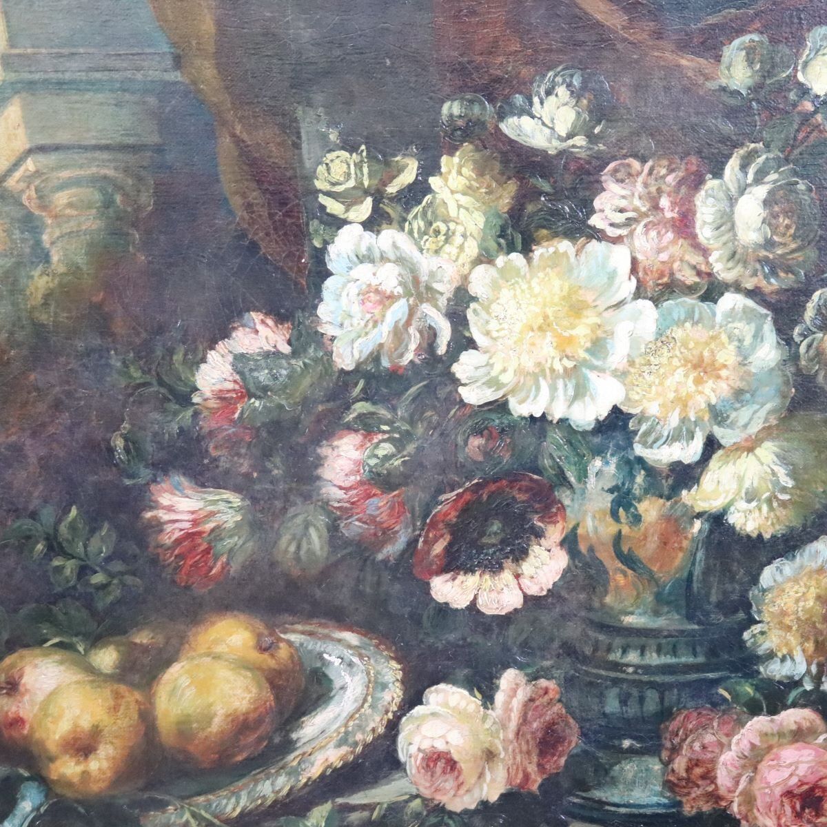 Art Still Life With Flowers And Fruits, 1800s, Large Oil On Canvas, Framed photo