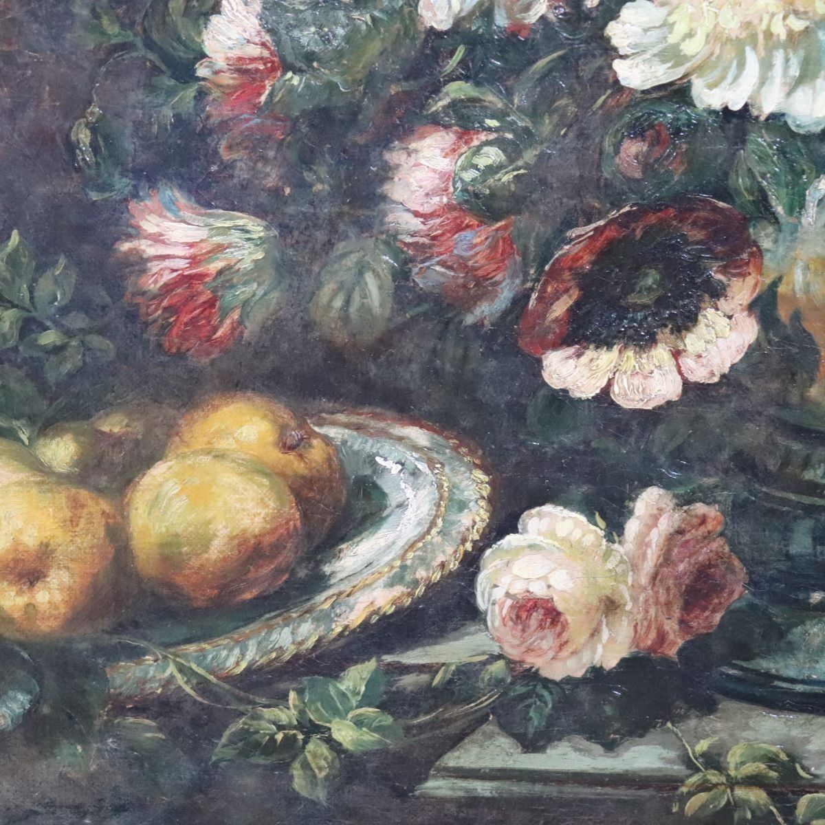 2753.0 Still Life With Flowers And Fruits, 1800s, Large Oil On Canvas, Framed photo
