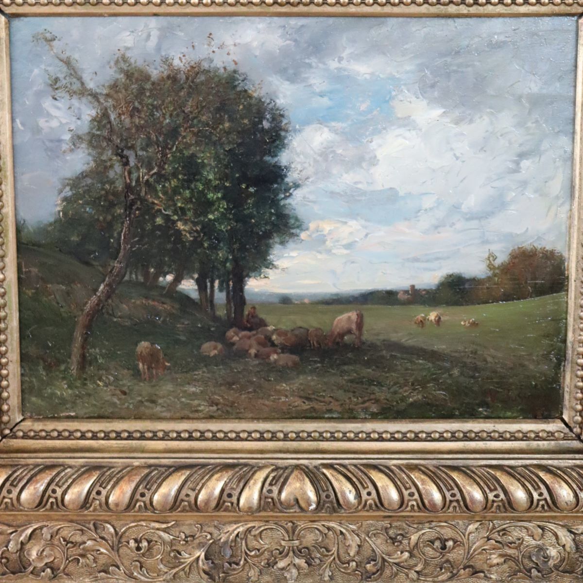 V. Bussolino, Landscape With Flock, Oil Painting On Board, 19th Century, Framed photo vintage