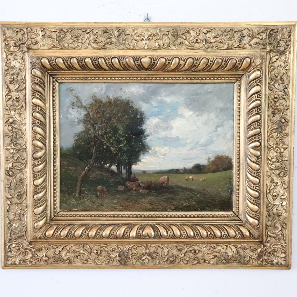 photo for sale V. Bussolino, Landscape With Flock, Oil Painting On Board, 19th Century, Framed