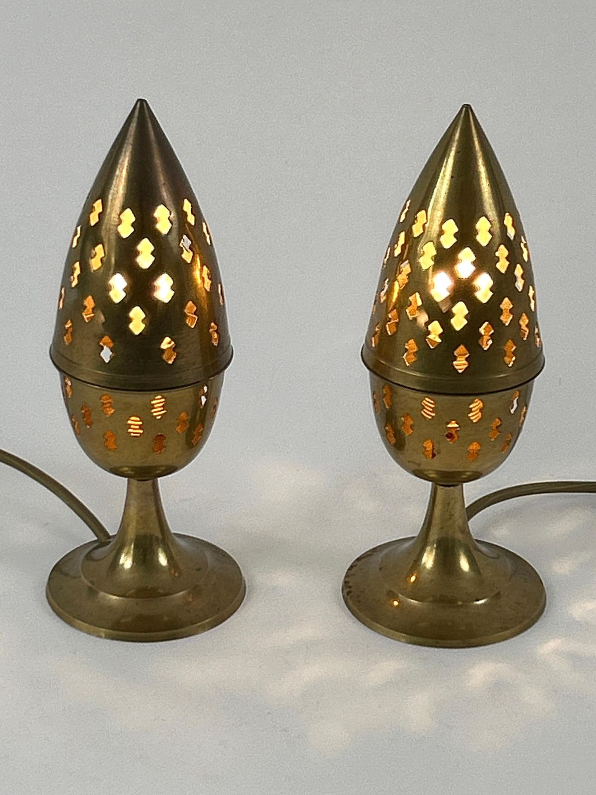 Set Of Two Rare & Lovely Perforated Brass Bedside Table Lamps Sweden 1960s photo vinterior