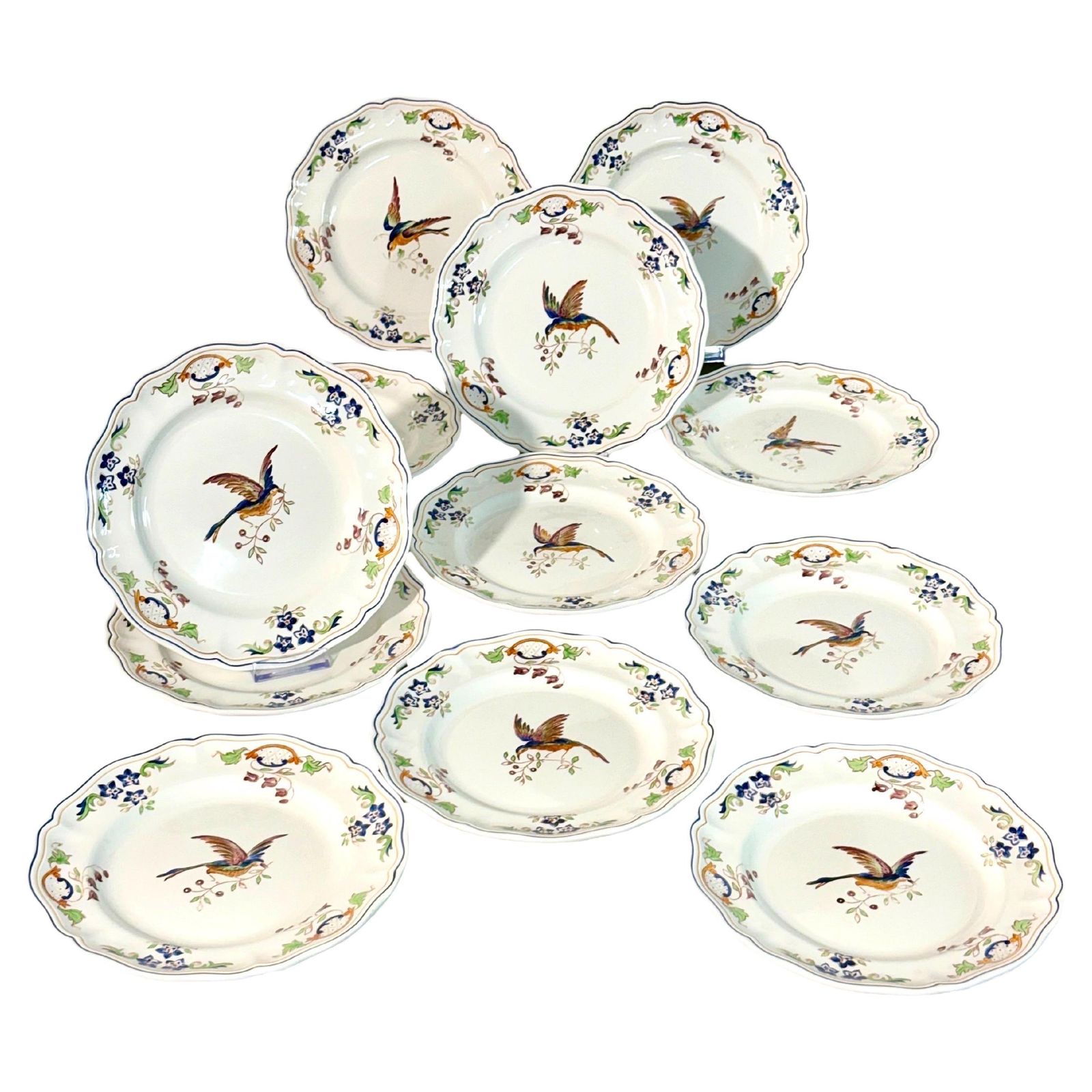 Set Of 12 Moustiers "Cléry" Hand Painted Faience Plates