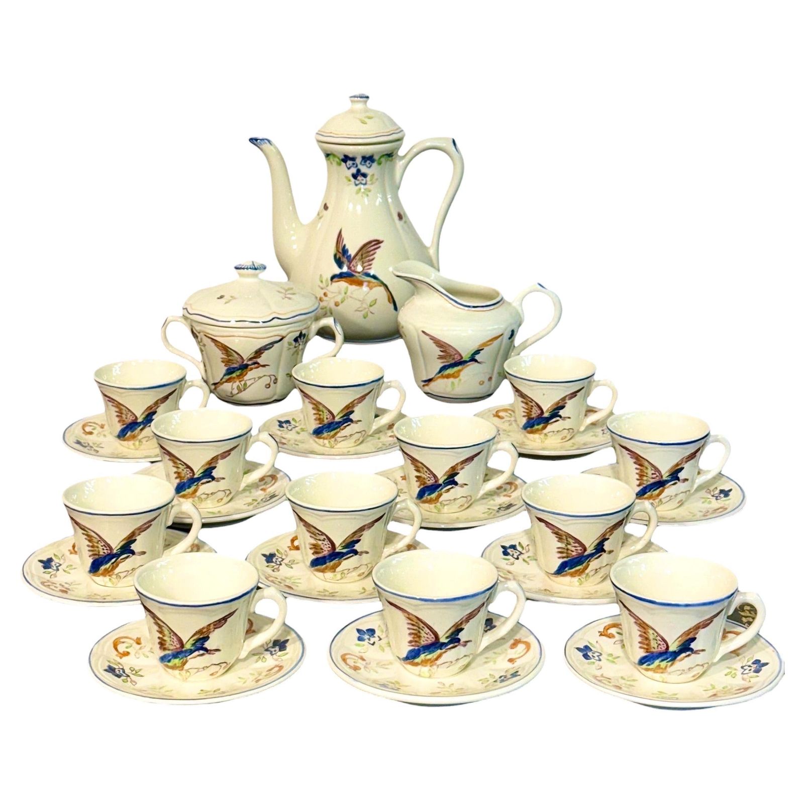 Moustiers " Cléry ", French Faience Hand Painted Tea / Coffee Service, 27 Pieces