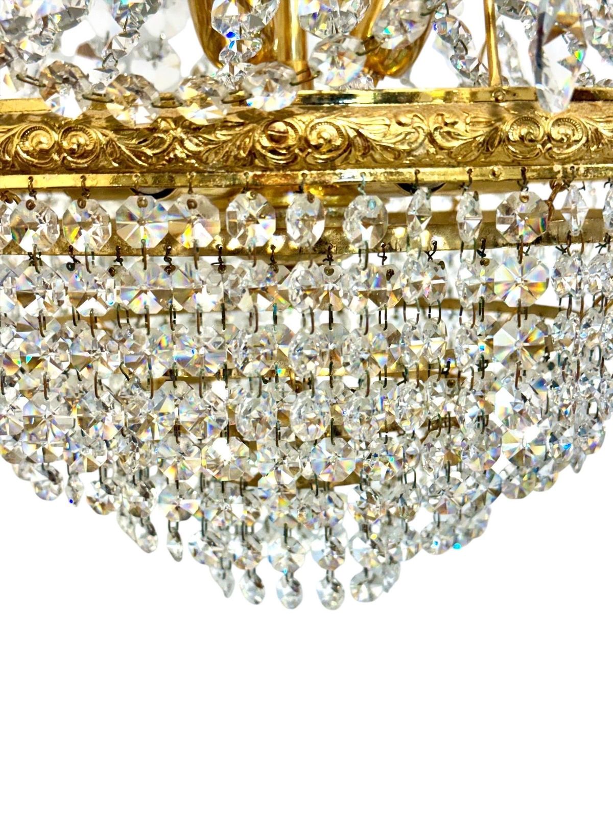 photo vintage Pair Of Gilt Metal Chandeliers With Glass Drops, Mid 20th Century