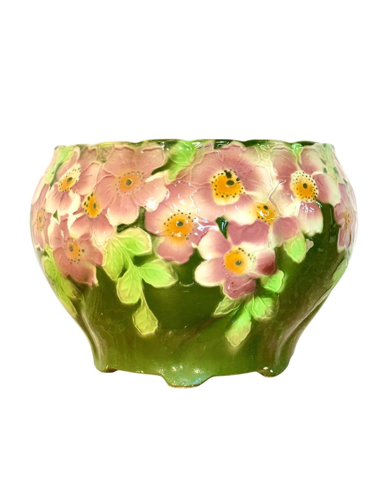 photo buy Antique Saint Clément Majolica Jardinière With Pink And Green Floral Motif