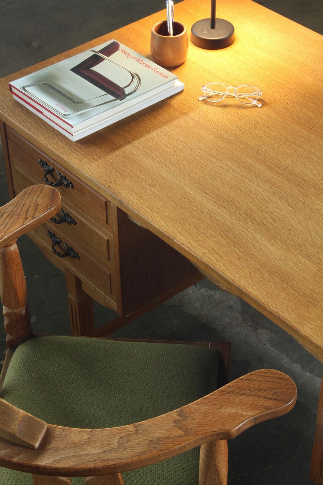 1950.0 Vintage Mid Century Brutalist Danmark Oak Desk, Style Of Henning Kjærnulf photo