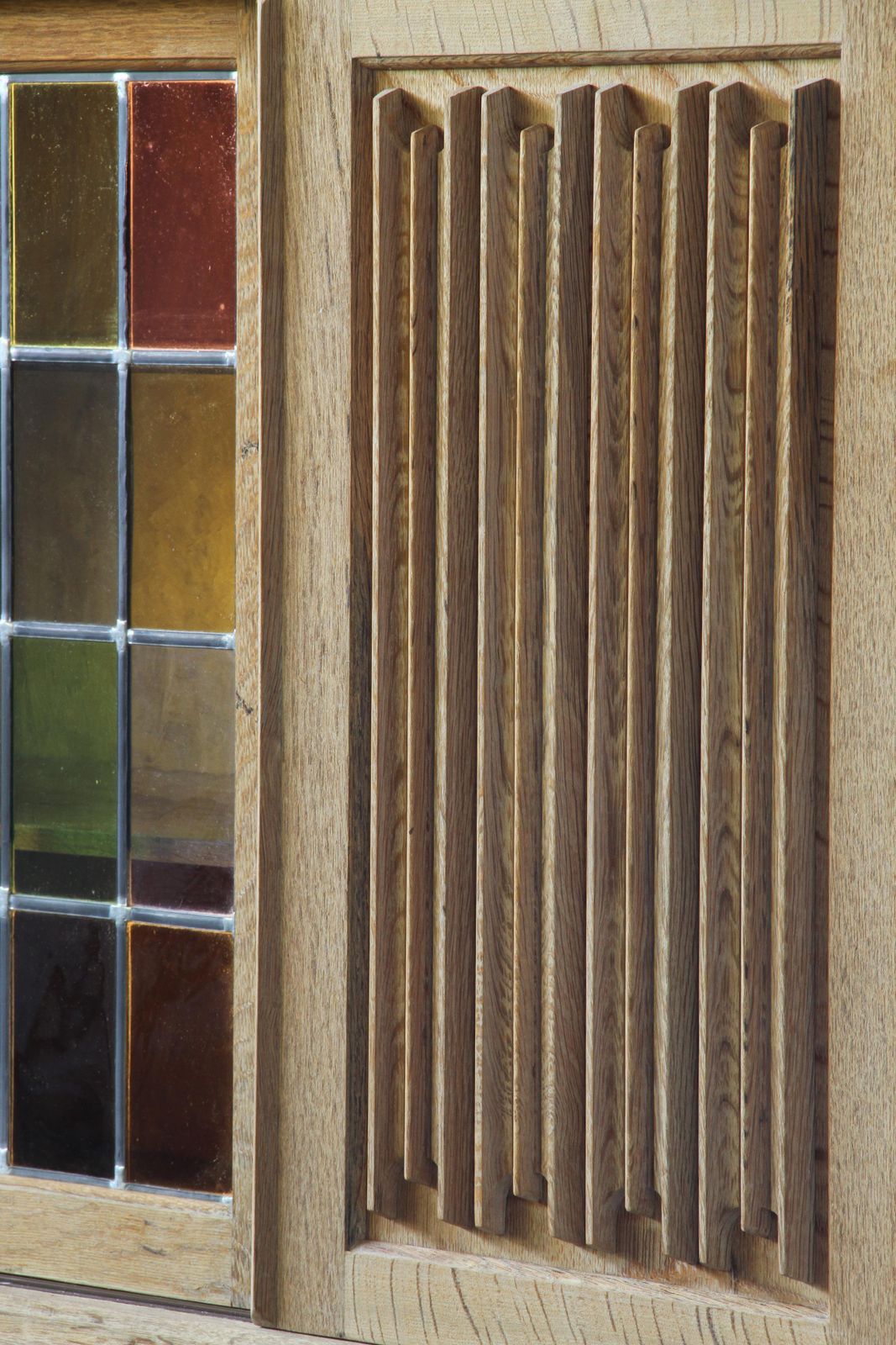 Vintage Oak Cabinet, Stained Glass Display Denmark 1960s Henning Kjærnulf photo Furniture