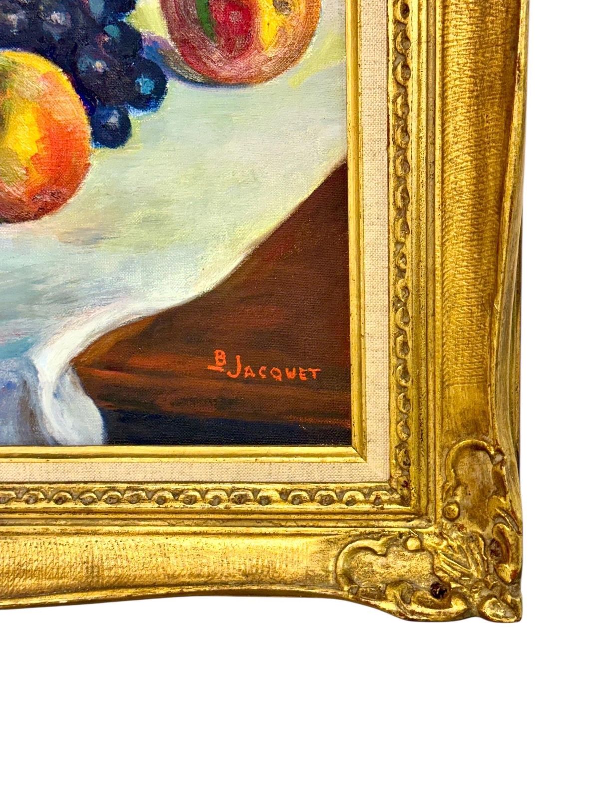 Still Life With Fruit, Oil On Canvas, Signed B. Jacquet, 20th Century photo furniture
