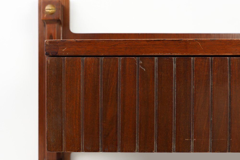 photo furniture Mid Century Wall Mounted Console In Wood With Brass Details, Italy, 1960s