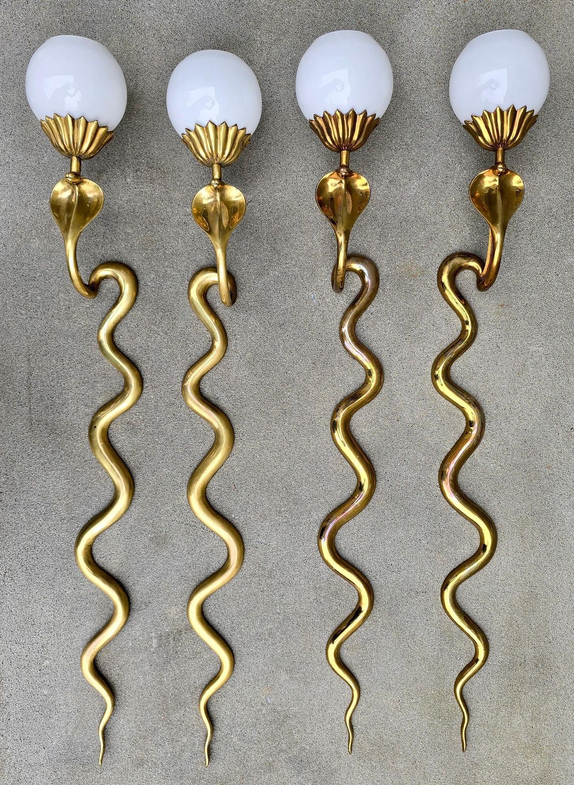 Pair Of Brass Cobra Snake Wall Lights With Opaline Glass Shades, 1970s photo vinterior