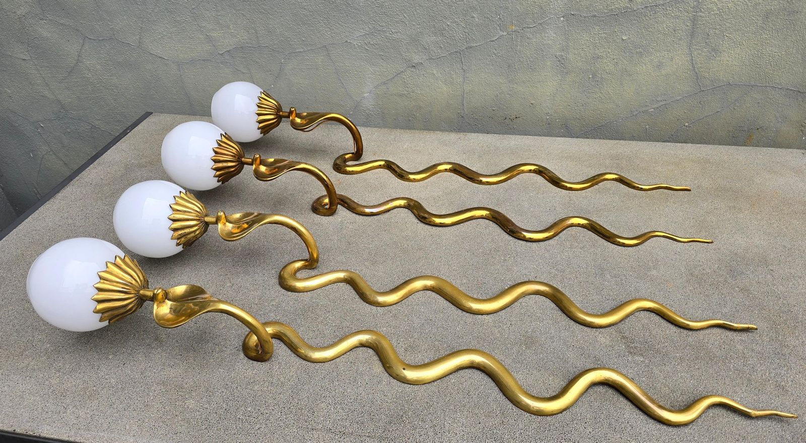 Pair Of Brass Cobra Snake Wall Lights With Opaline Glass Shades, 1970s photo vintage