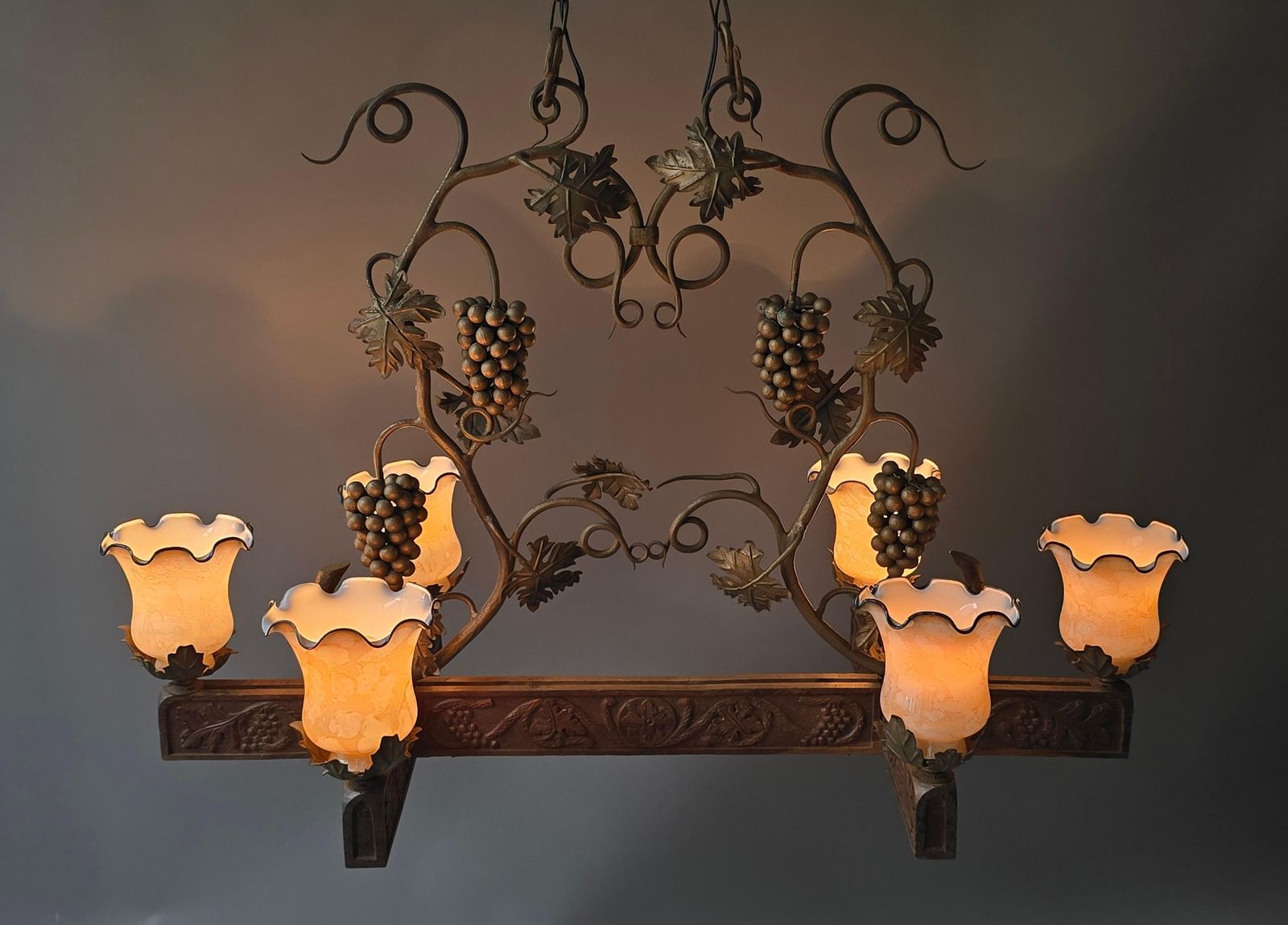Early 20th Century Art Nouveau Grapevine Chandelier In Carved Wood, Metal, Glass photo for sale