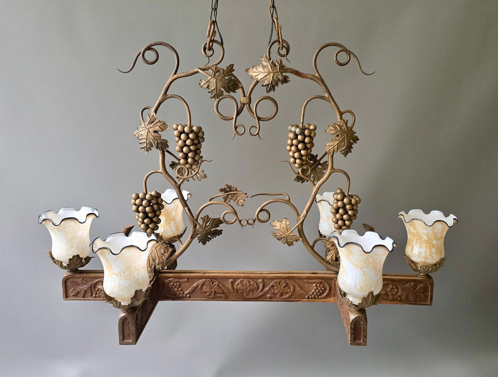Early 20th Century Art Nouveau Grapevine Chandelier In Carved Wood, Metal, Glass photo Lighting