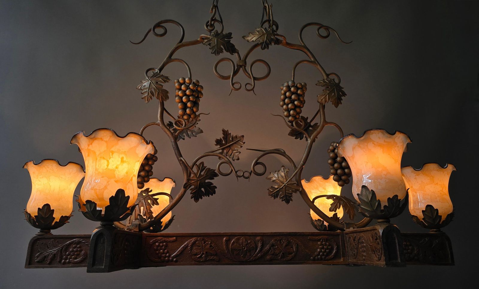 photo furniture Early 20th Century Art Nouveau Grapevine Chandelier In Carved Wood, Metal, Glass