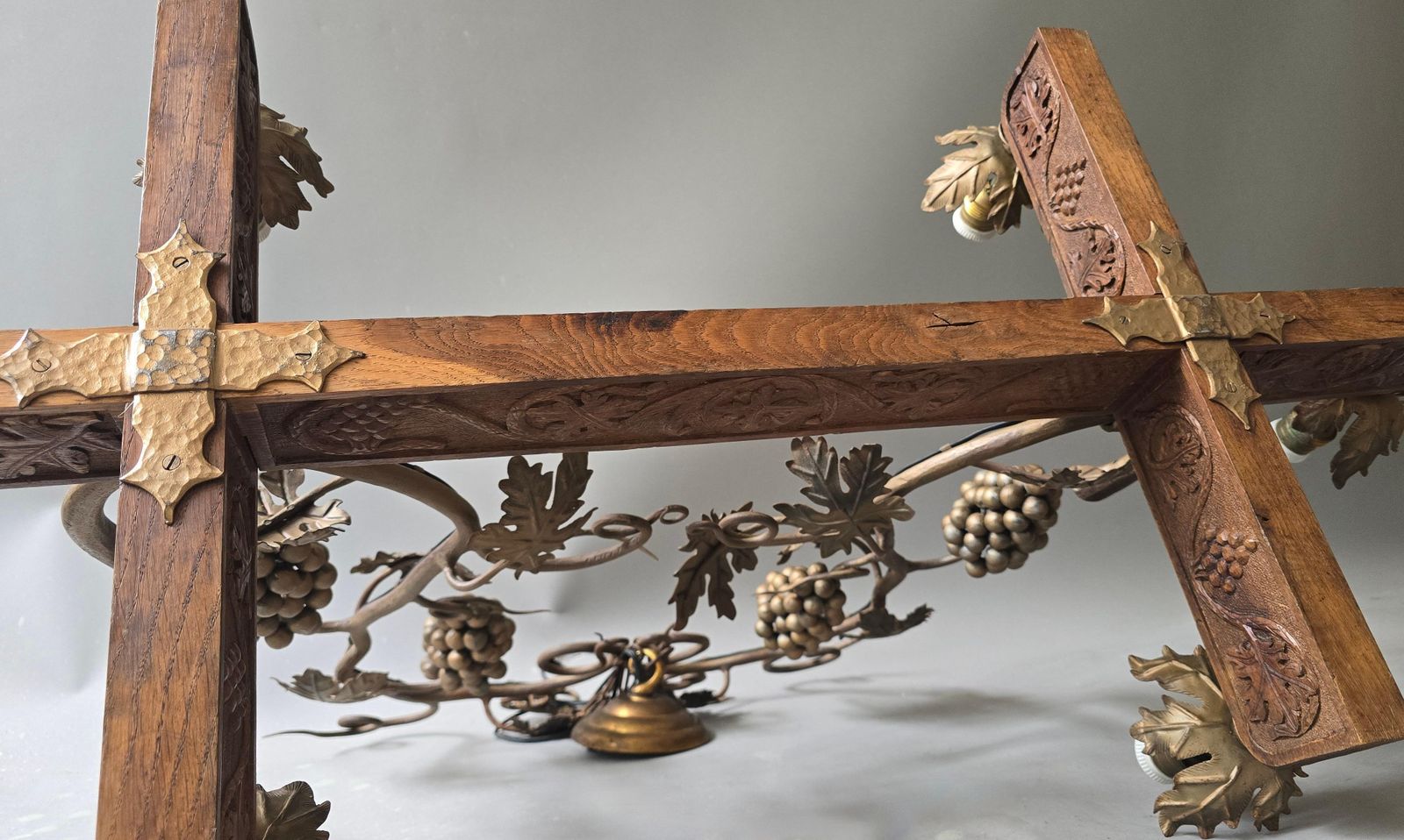 photo for sale Early 20th Century Art Nouveau Grapevine Chandelier In Carved Wood, Metal, Glass