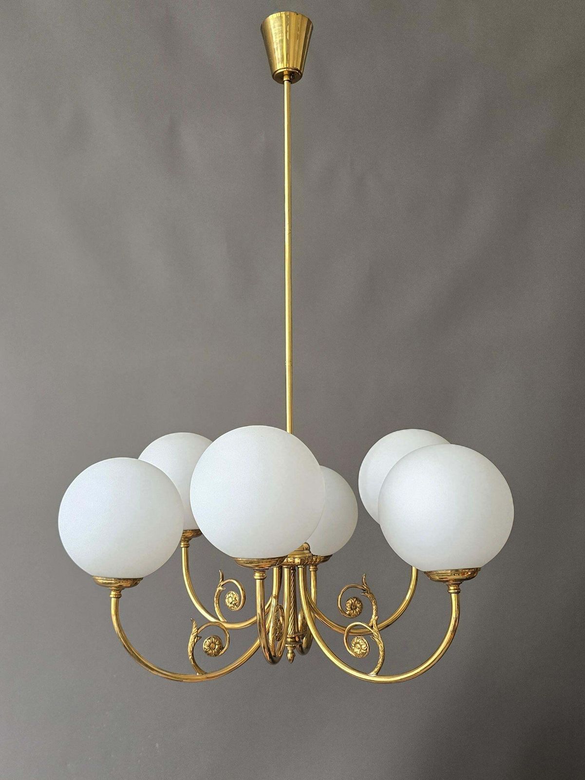 Mid Century Brass Chandelier With Six Opaline Glass Globes photo buy