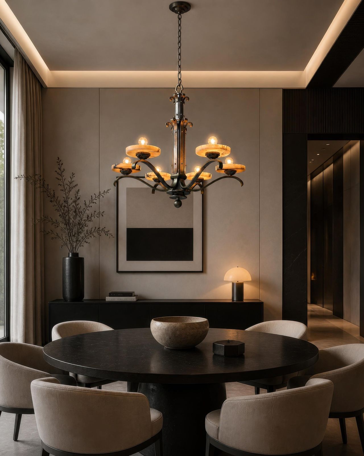 Art Deco Alabaster Chandelier, French 6 Light Iron Fixture, 29” Diameter, 1930s photo vinterior