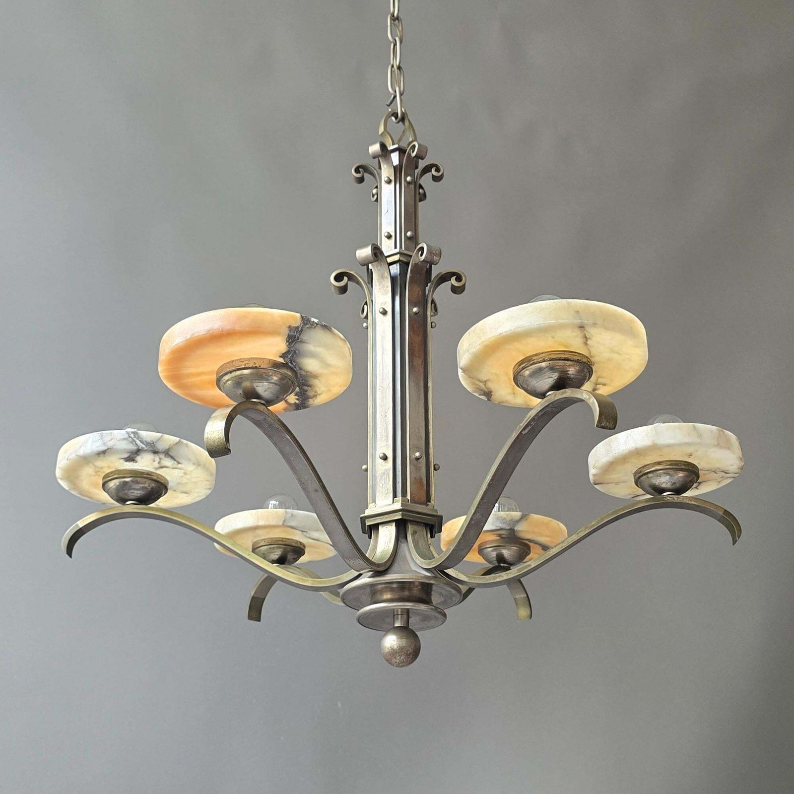 Art Deco Alabaster Chandelier, French 6 Light Iron Fixture, 29” Diameter, 1930s photo vintage