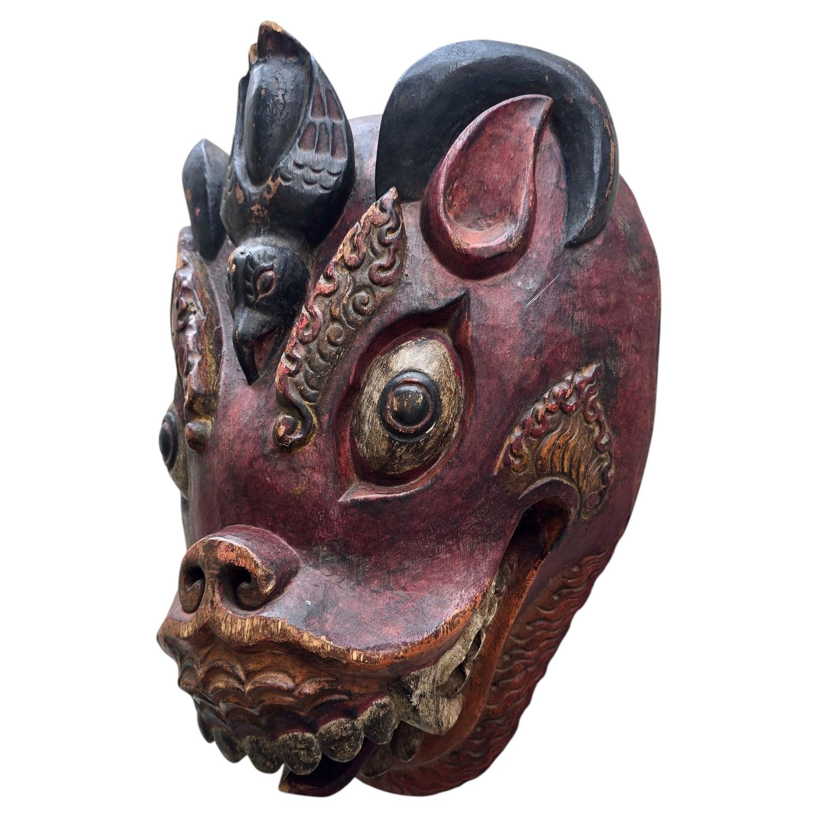 Large Sculptural Indonesian Carved Wood Mask, Polychrome Guardian Figure photo furniture
