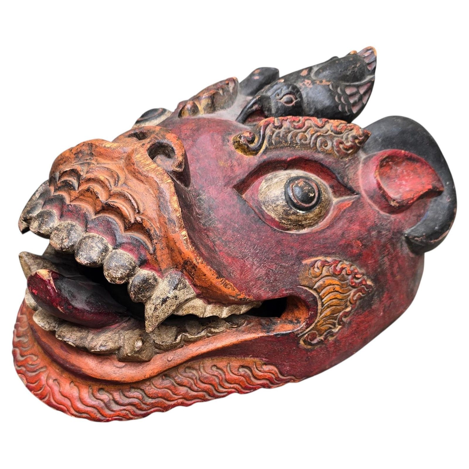 Large Sculptural Indonesian Carved Wood Mask, Polychrome Guardian Figure photo for sale