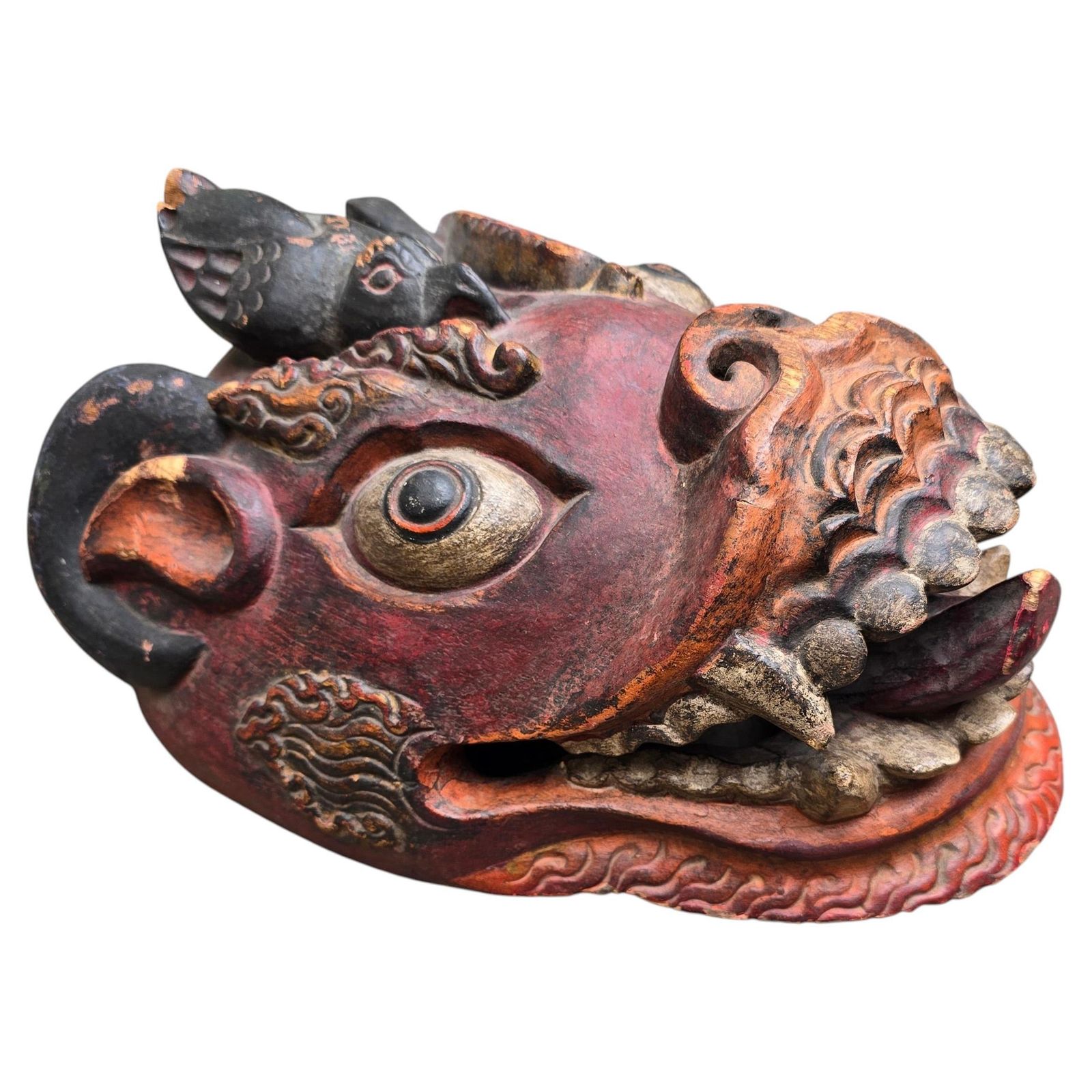 Large Sculptural Indonesian Carved Wood Mask, Polychrome Guardian Figure photo Art