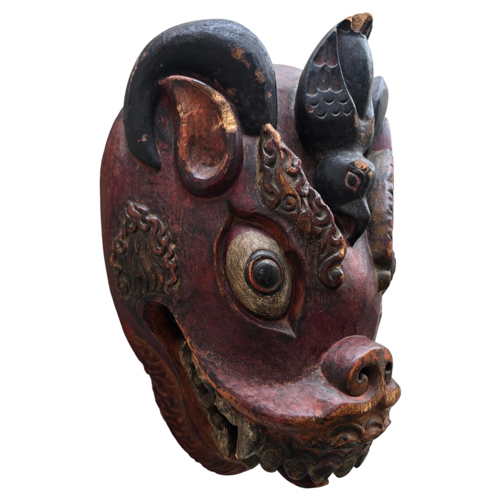 photo furniture Large Sculptural Indonesian Carved Wood Mask, Polychrome Guardian Figure