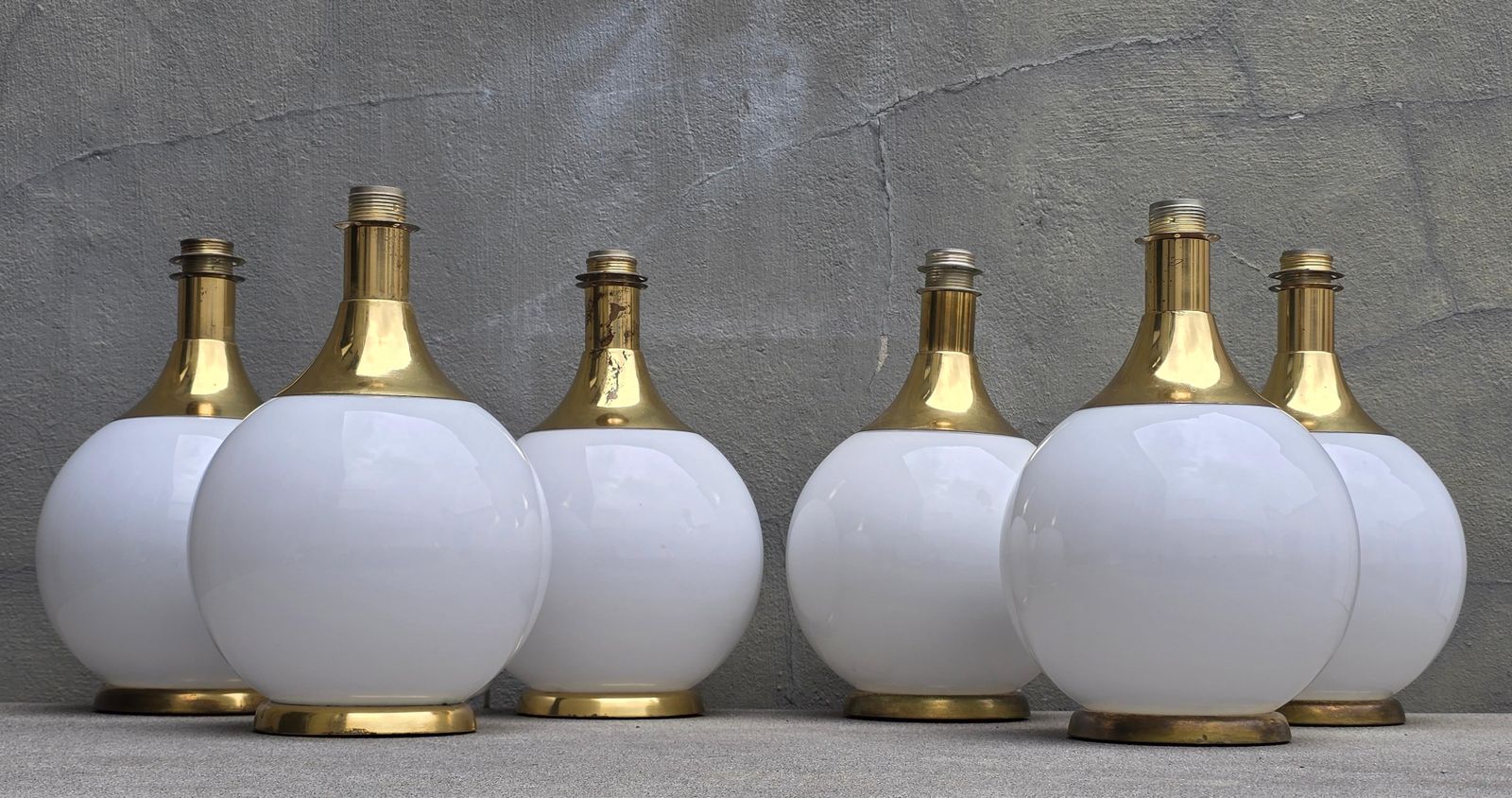 Set Of 6 Vintage Opaline Glass And Brass Table Lamps, Circa 1970 photo 1106.0