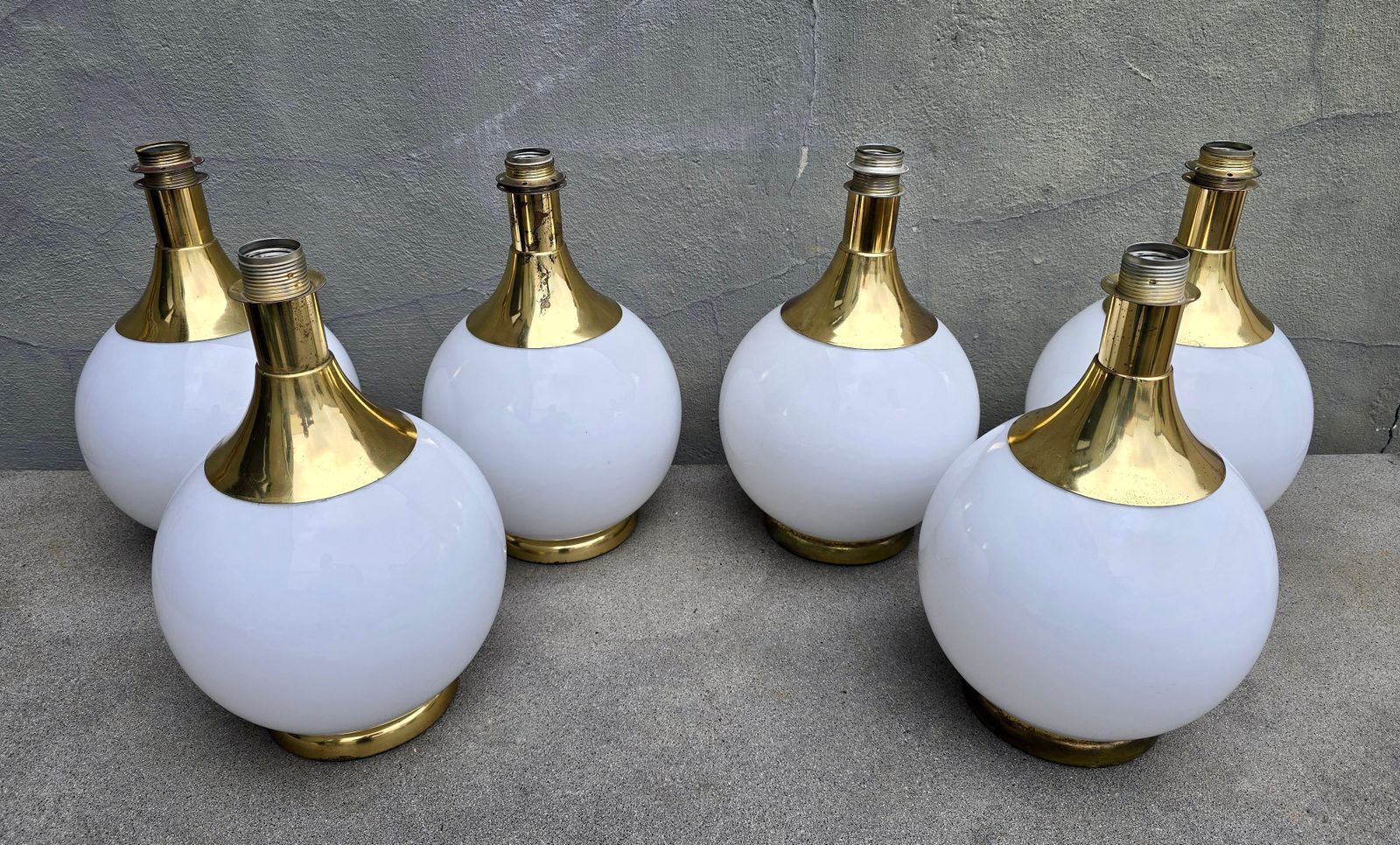Set Of 6 Vintage Opaline Glass And Brass Table Lamps, Circa 1970 photo vinterior
