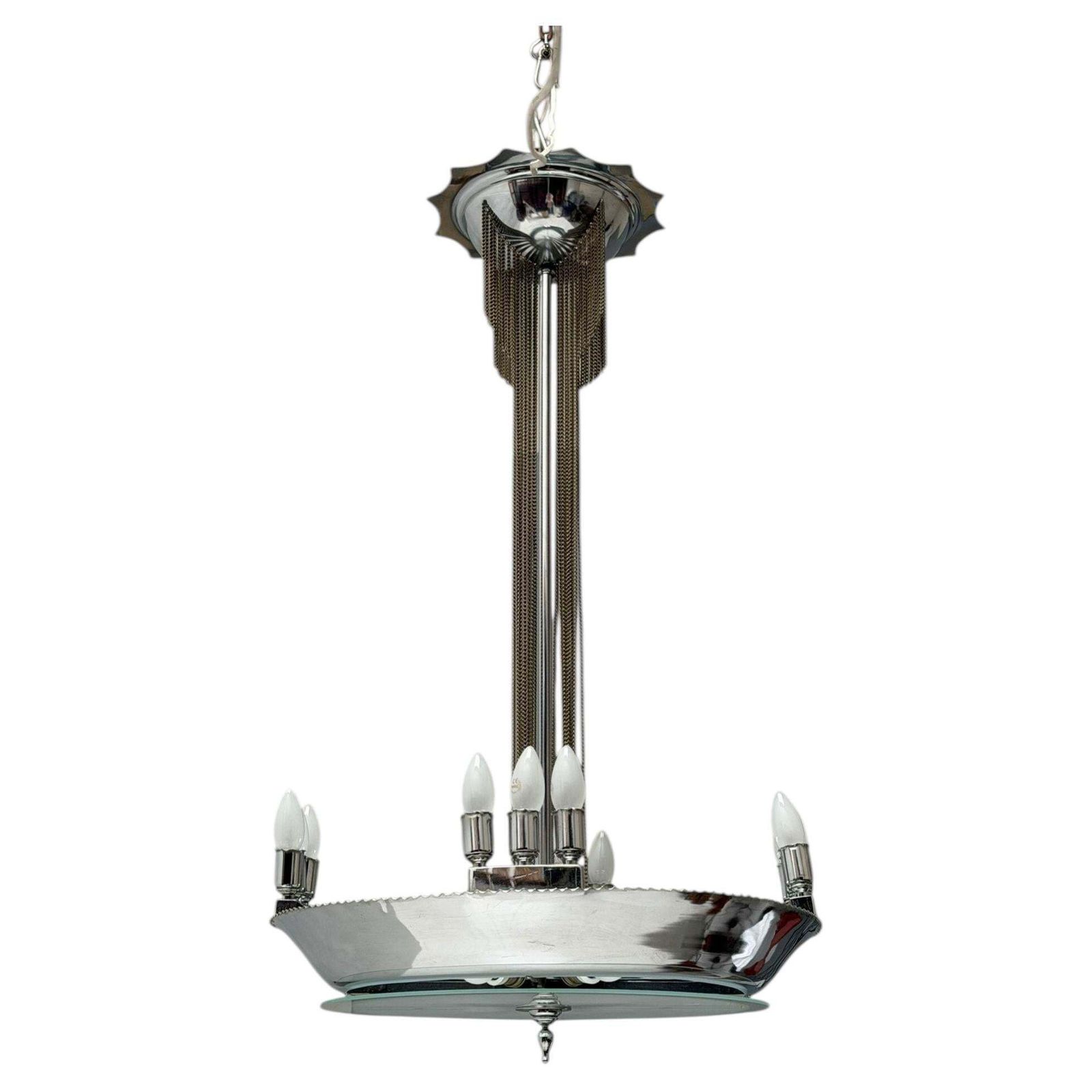 Art Deco Chandelier, Chrome & Glass, Dutch Design, 1930s