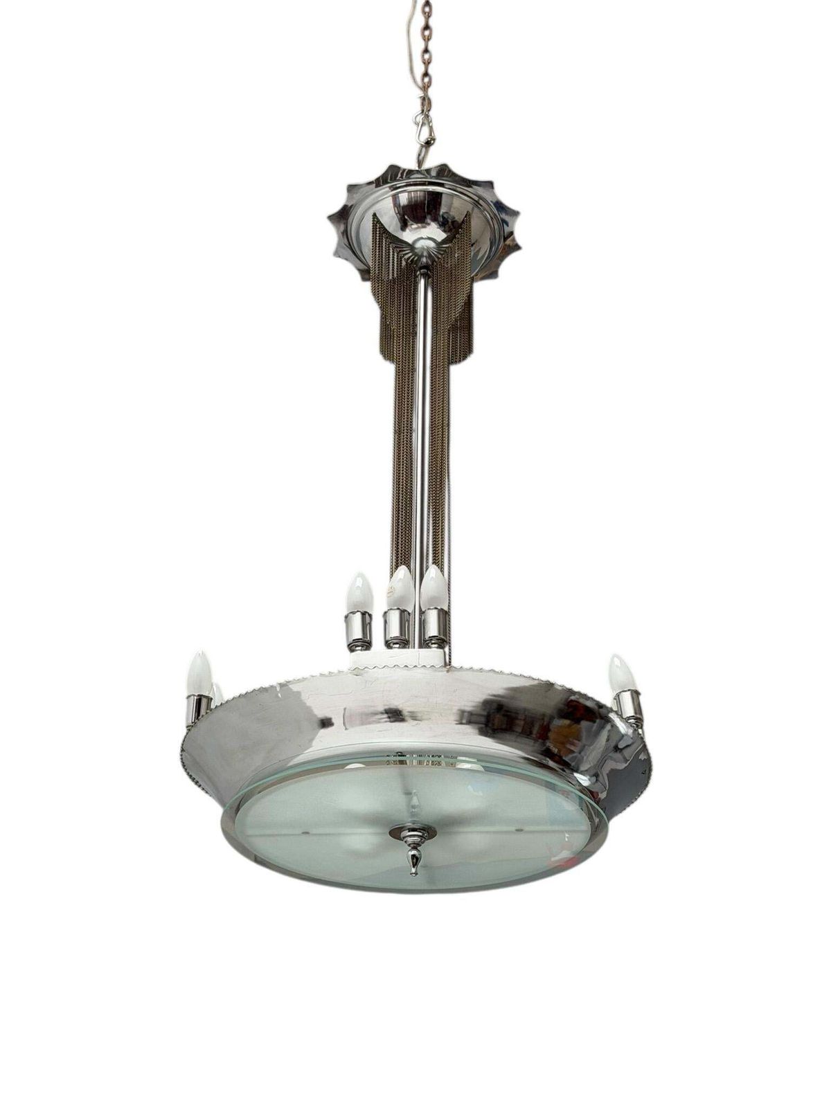 Art Deco Chandelier, Chrome & Glass, Dutch Design, 1930s photo furniture