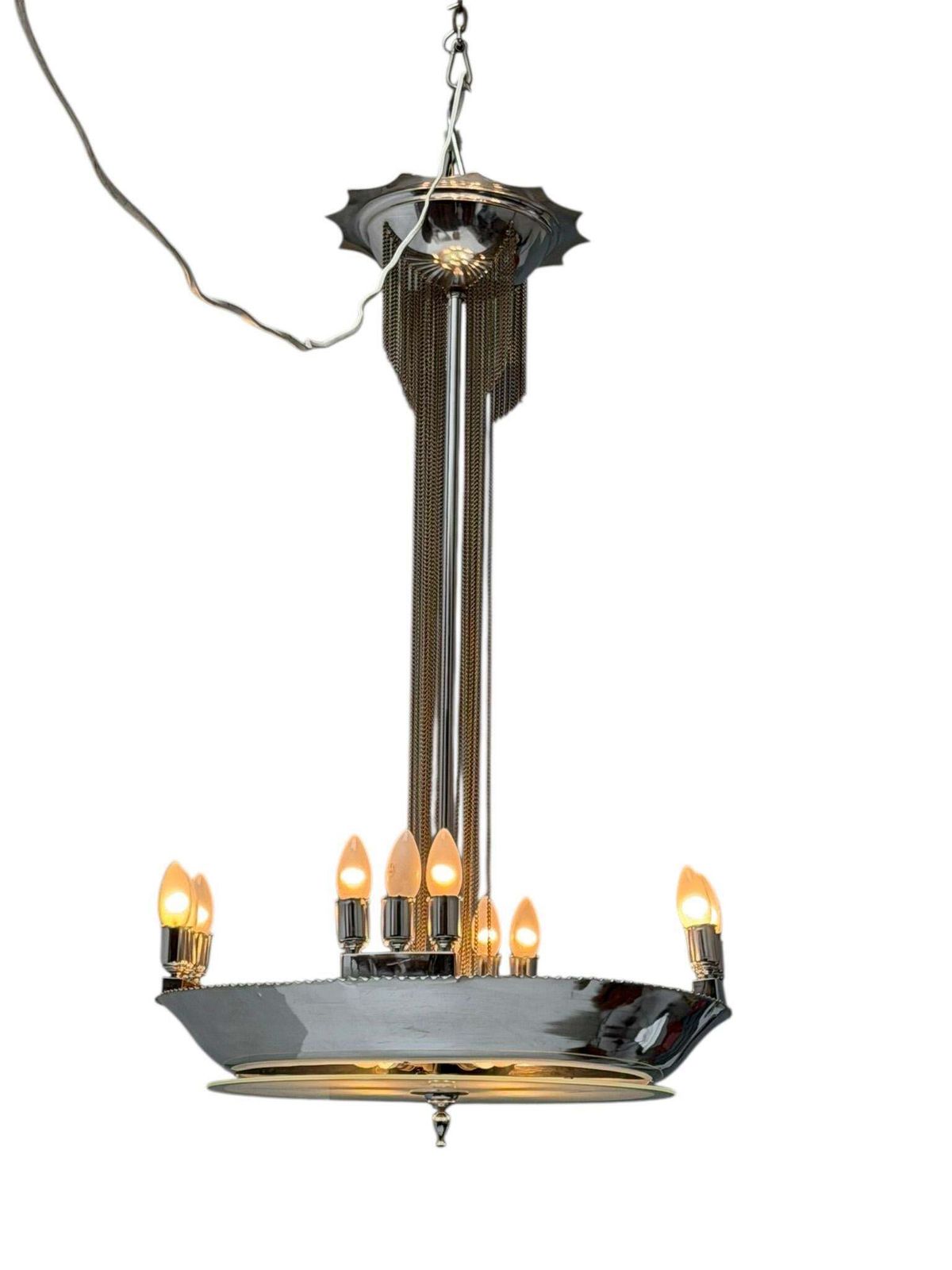Art Deco Chandelier, Chrome & Glass, Dutch Design, 1930s photo Lighting