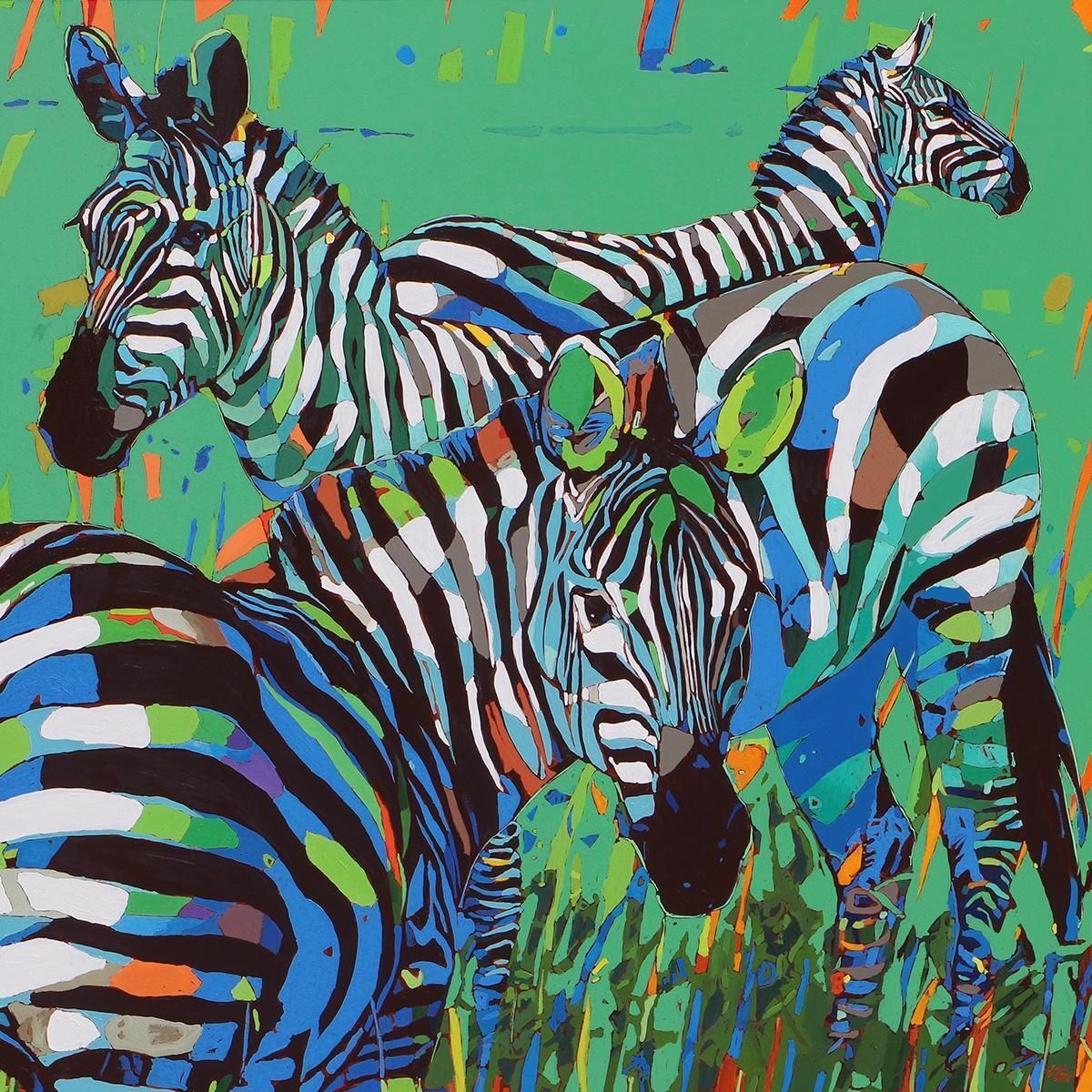 Zebras 11   Oil Painting, Contemporary Figurative, Pop Art, Animals, Vibrant photo for sale