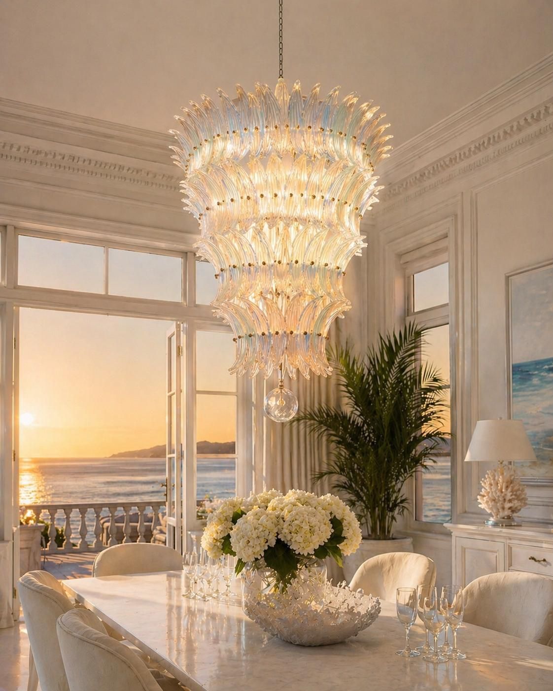 Amazing Italian Opaline Palmette Leaves Chandelier, Murano, 1980 photo Lighting