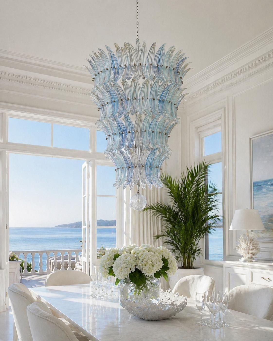 Amazing Italian Opaline Palmette Leaves Chandelier, Murano, 1980 photo vinterior