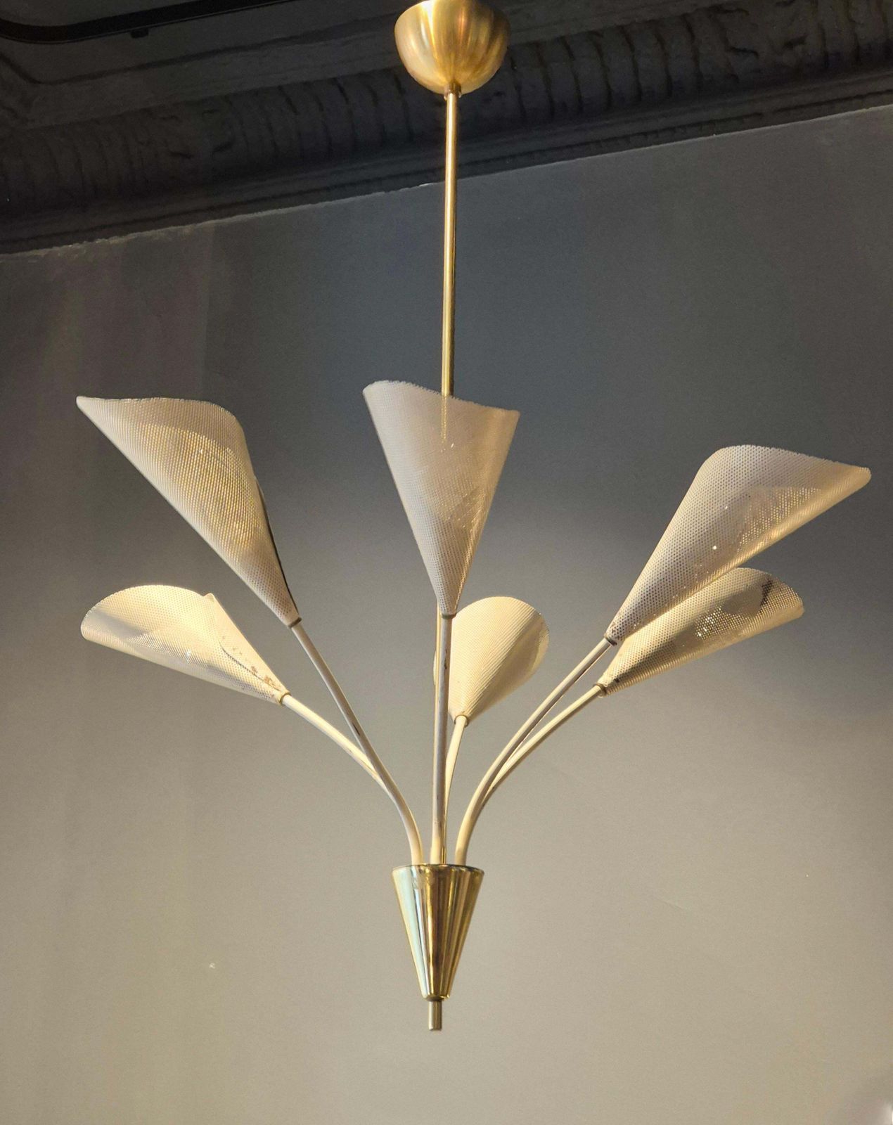 Elegant Chandelier With Six Arms, Shades In Perforated Metal, Midcentury Modern photo Lighting