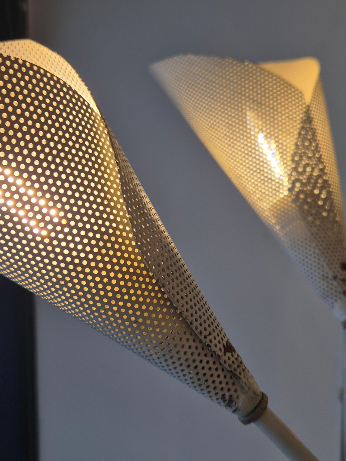 Elegant Chandelier With Six Arms, Shades In Perforated Metal, Midcentury Modern photo vintage