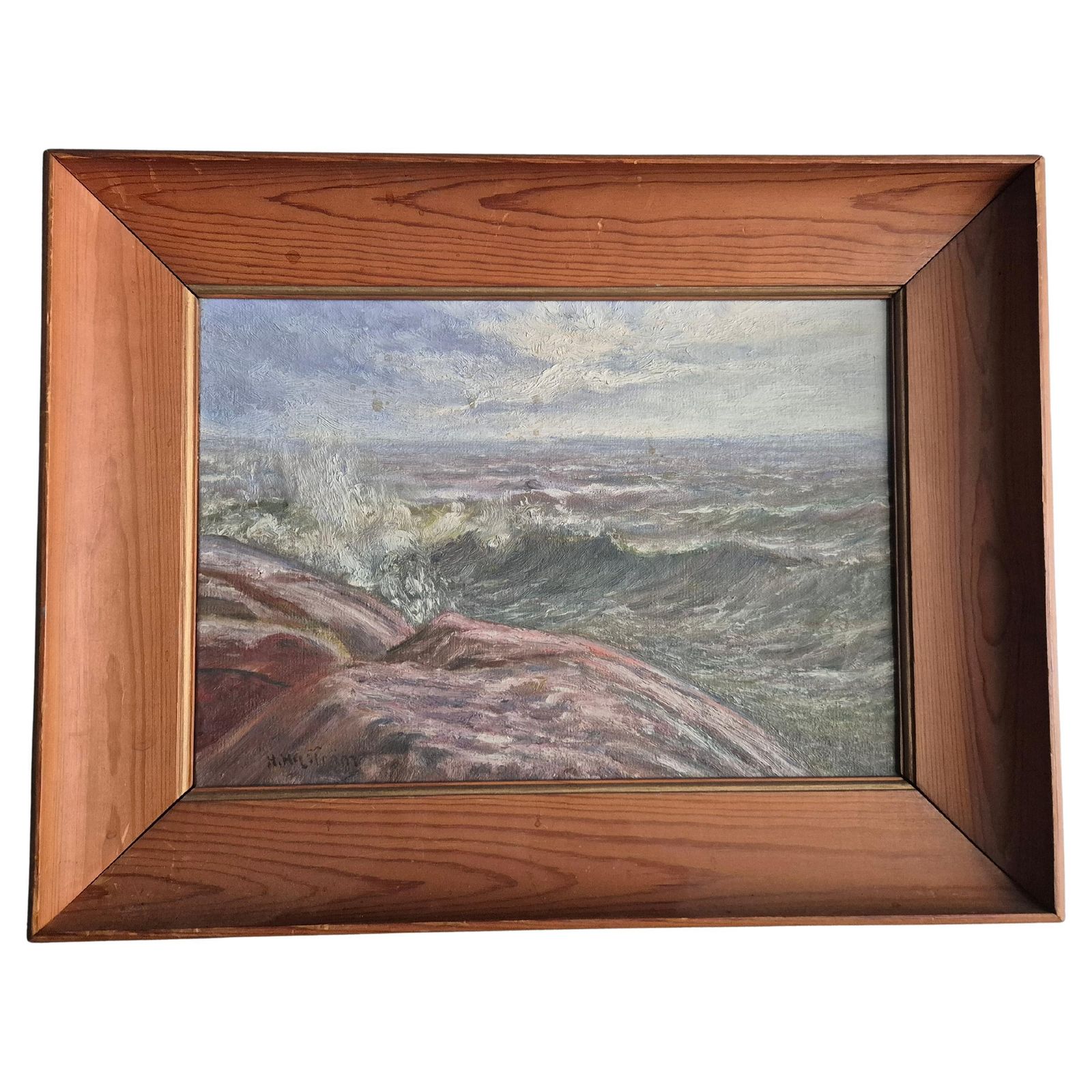 Swedish Oil Painting, Ocean / Archipelago Motif With Pine Frame, Mid 1900s