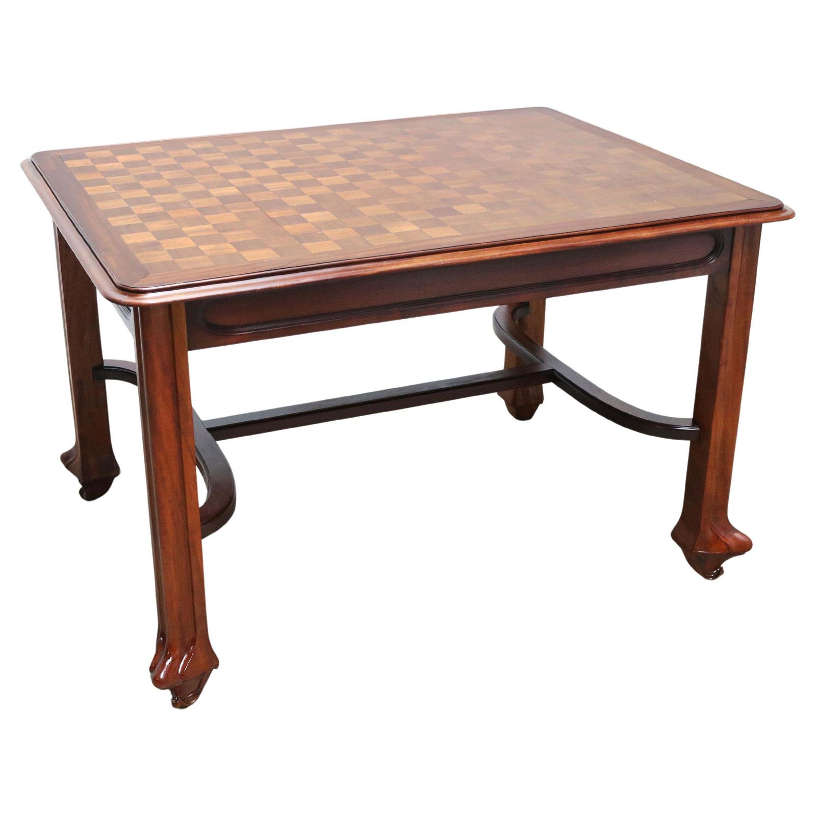 Massief Gesneden Mahonie Art Nouveau Tafel Van Maison Gouffe Met Ingelegde Blad, 1902