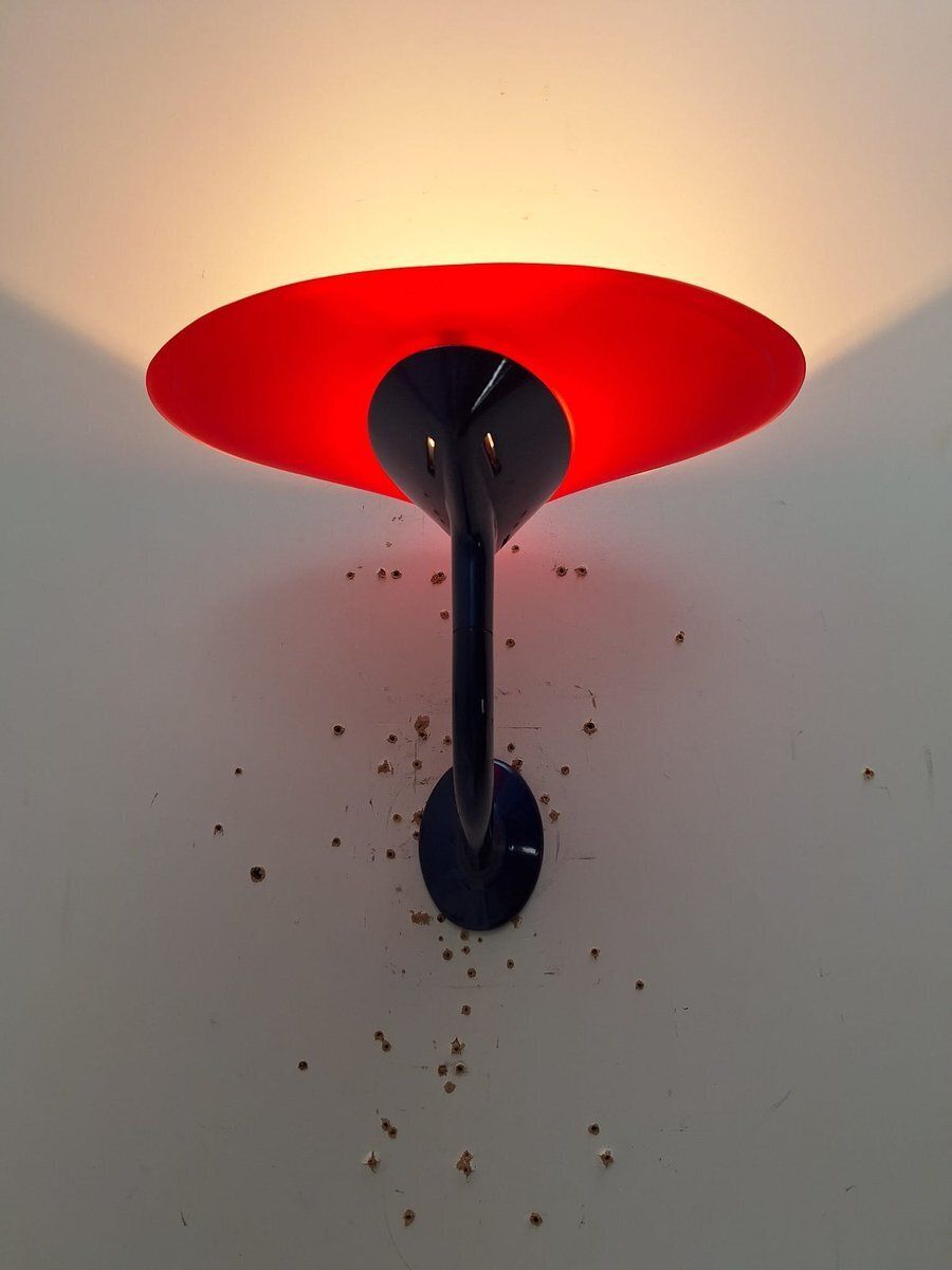 Postmodern Wall Lamps In Red And Yellow Satin Glass With Black Lacquered Metal Structure, Italy, 1980, Set Of 2 photo buy