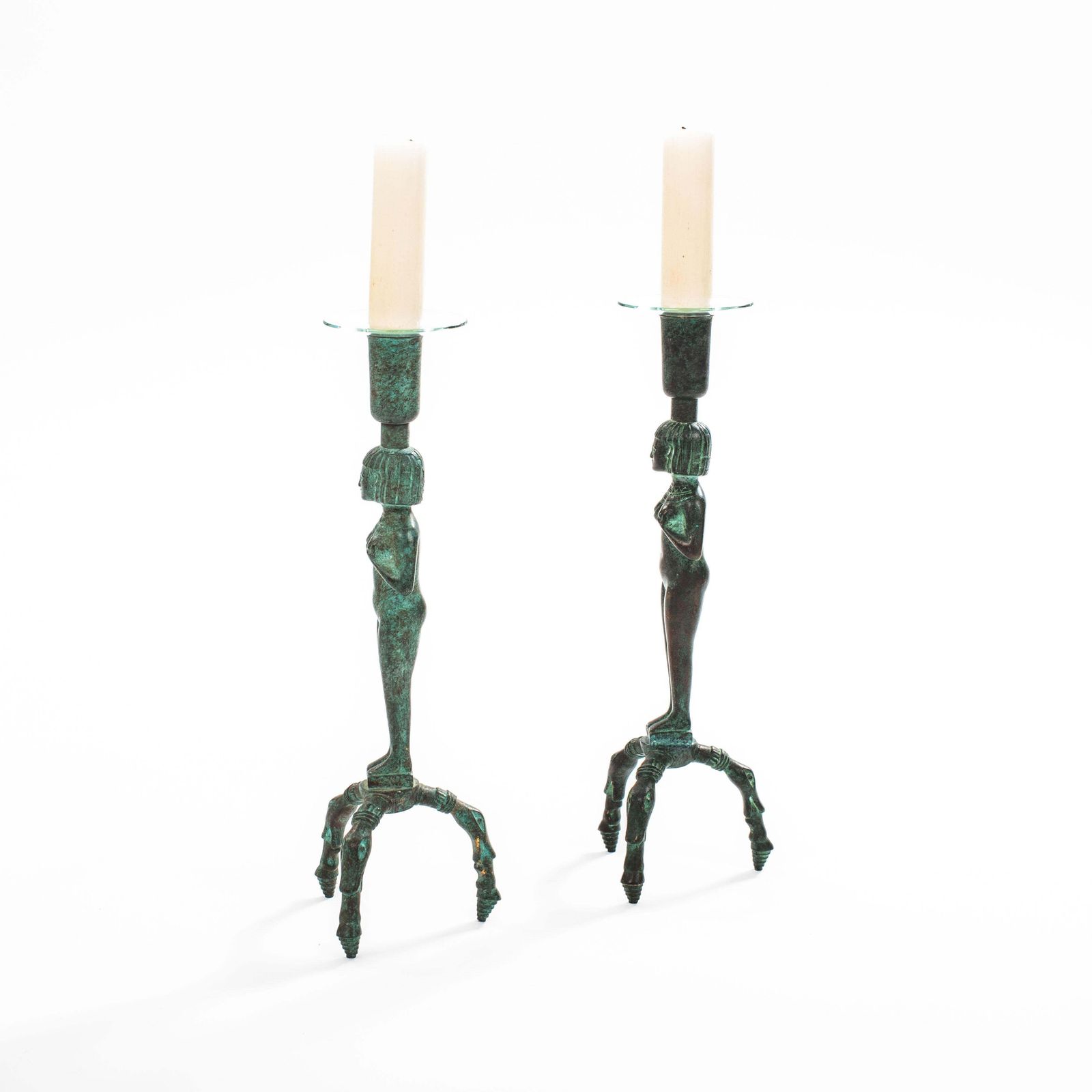 Egyptian Inspired Figurative French Art Déco Bronze Candlesticks 1930s photo buy